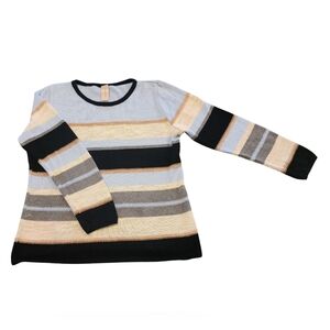 Women's Medium Skovhuus Scandi Striped Crewneck Sweater - Black, Gray, Tan